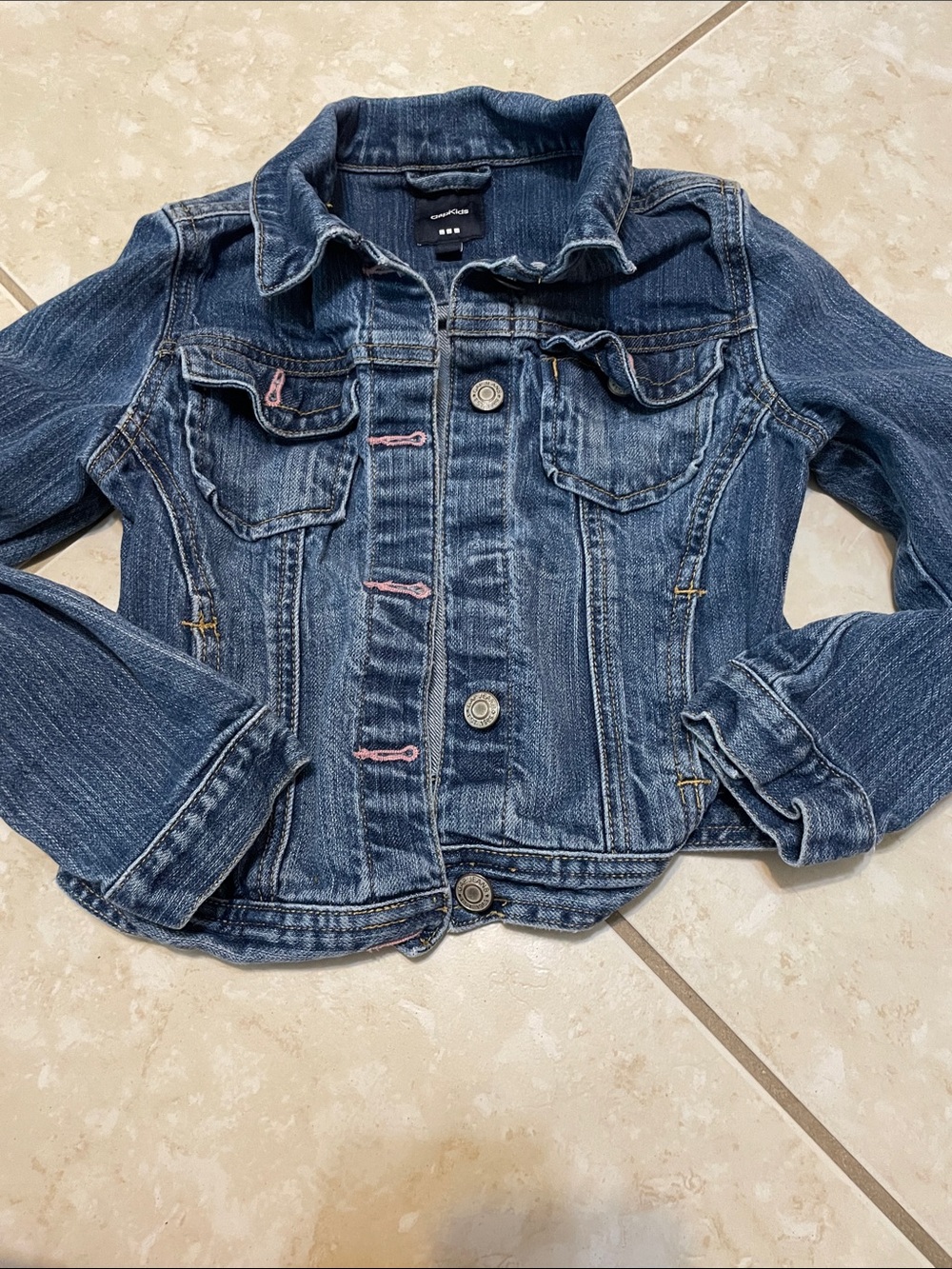 GAP Girls Dark Blue Denim Jacket with Pink Stitch Accents